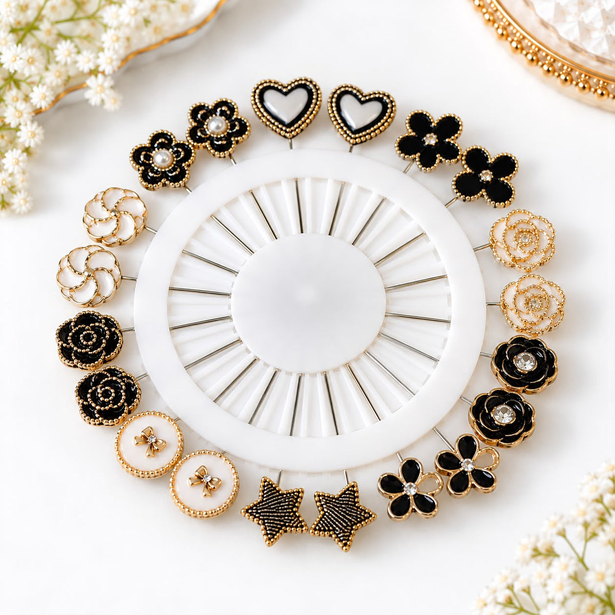 Premium 20 Black and Gold Flower Pins combo