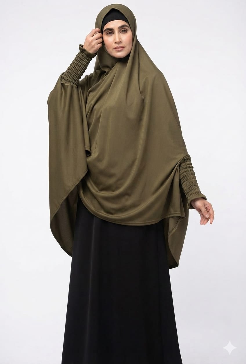 Premium Olive Green Khimar Hijab with Smocked Elastic Cuffs