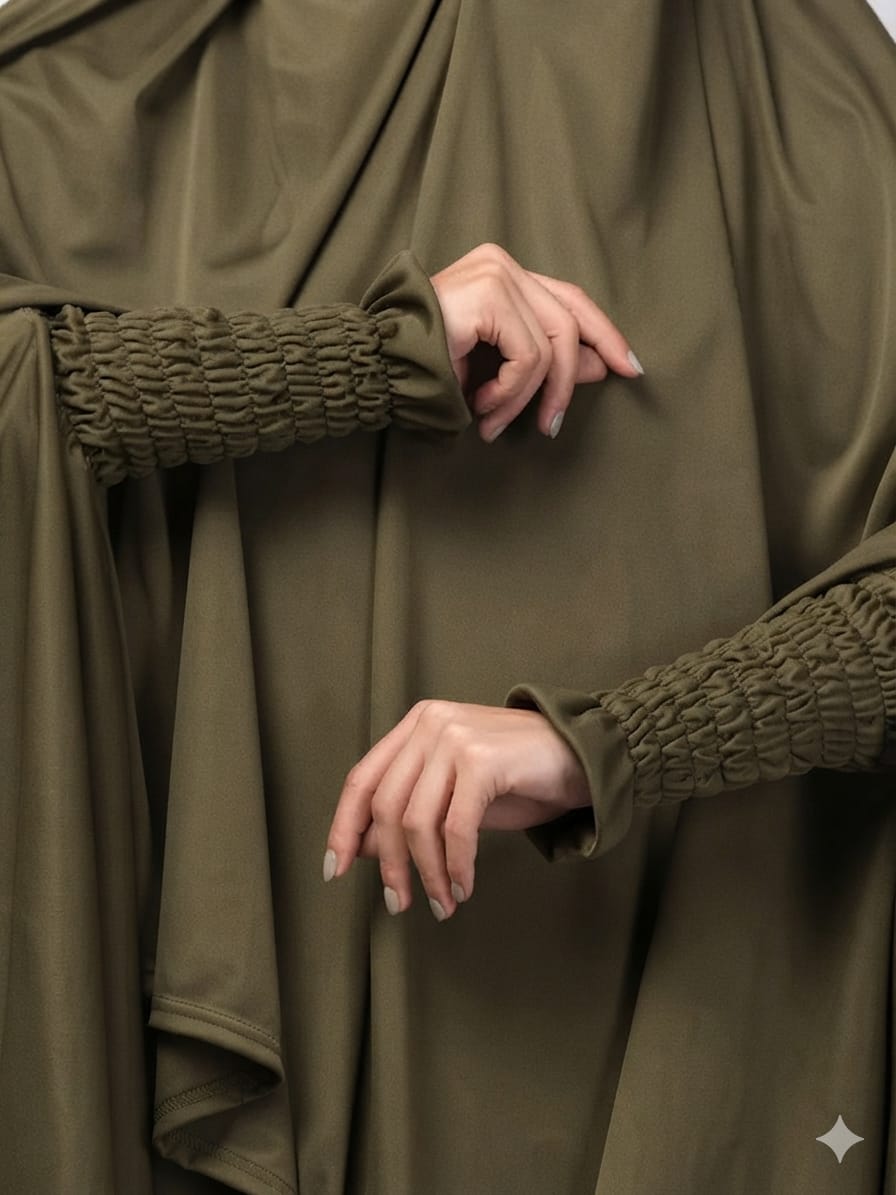 Premium Olive Green Khimar Hijab with Smocked Elastic Cuffs