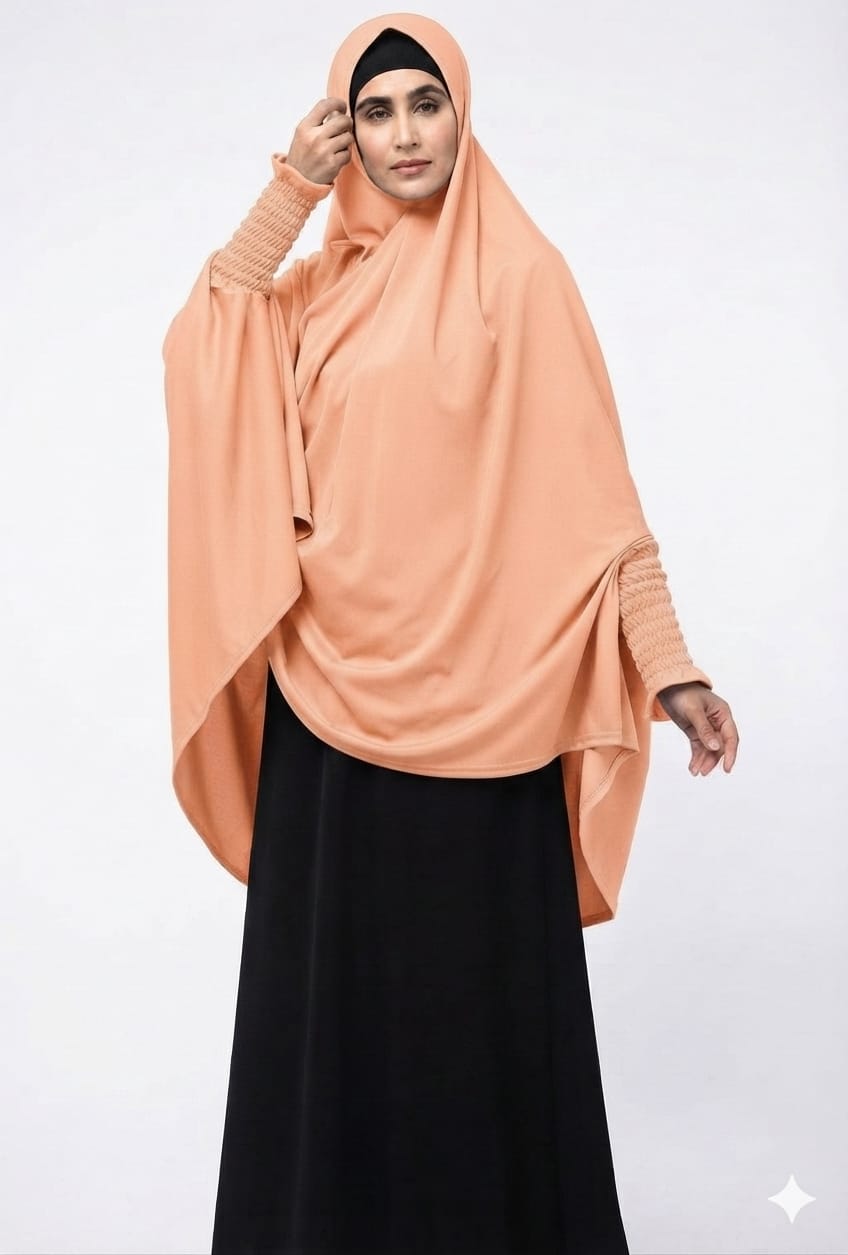 Peach Cape Khimar with Elastic Smocked Cuffs – Flowing Overhead Hijab