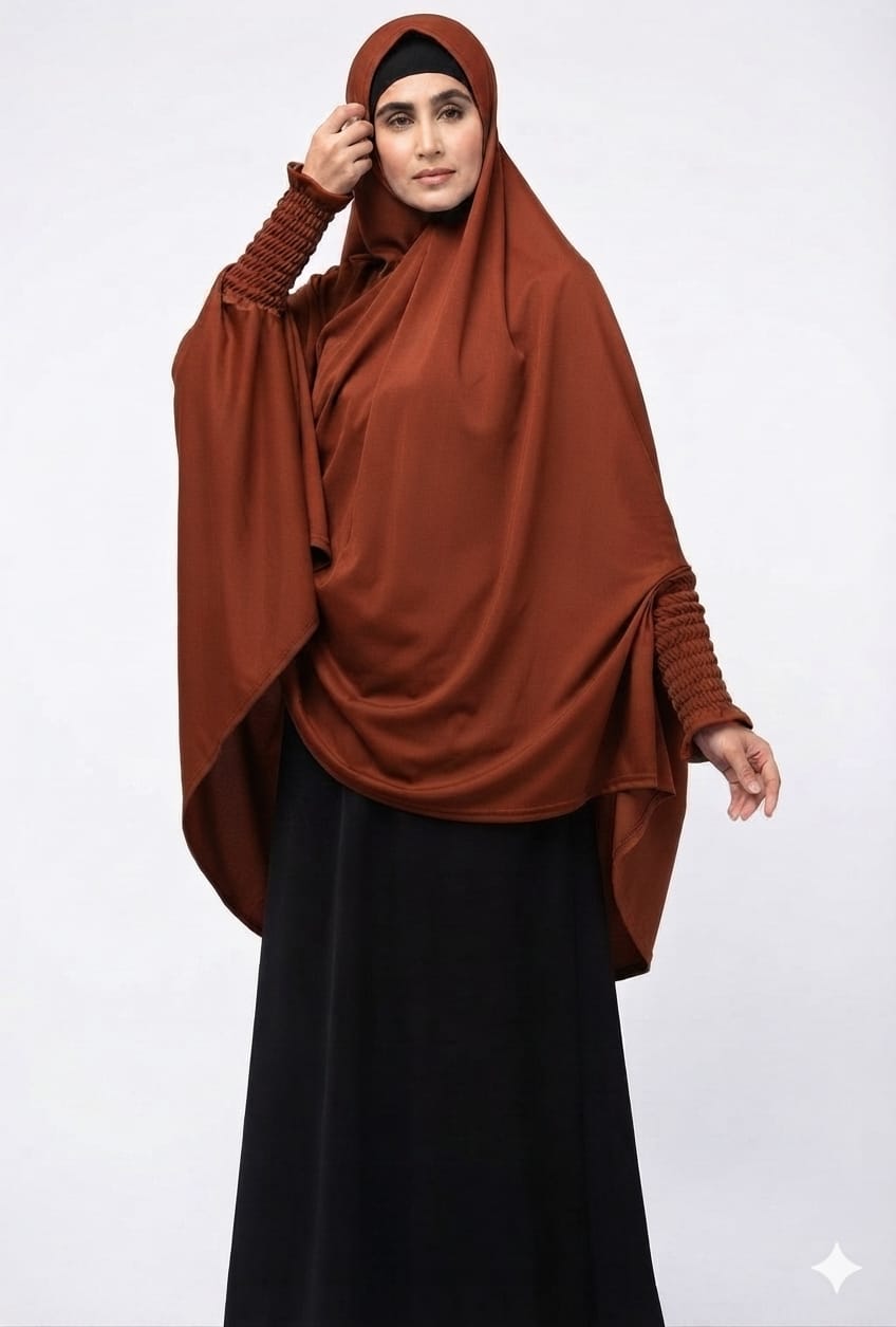 Magenta Long Khimar – Overhead Hijab with Smocked Lace Cuffs