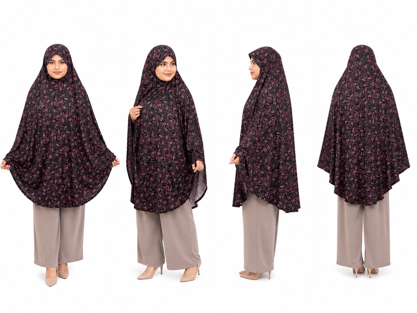 Premium Printed Namaz Full Coverage Prayer Khimar  Black & Rose Leaf Print