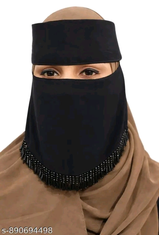 Premium Black Beaded Instant Naqab with Adjustable Headband | Modest Islamic Face Veil for Women | Soft Breathable Nose Patti Niqab