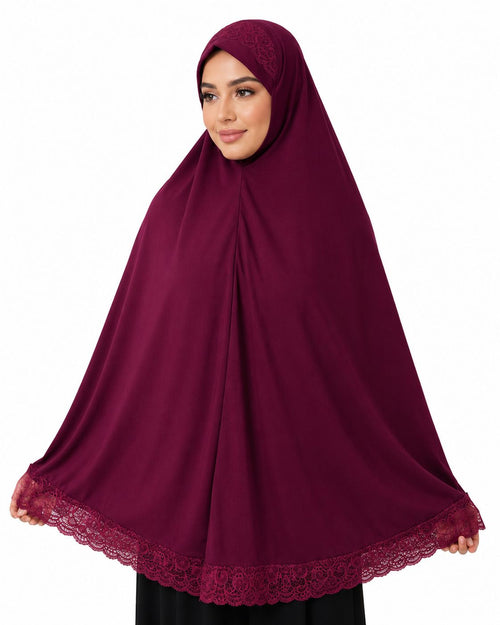 Ayeza Hijab Premium Burgundy Lace Prayer Khimar for Women | One Piece Full Coverage Namaz Hijab | Soft Breathable Islamic Salah Head Cover