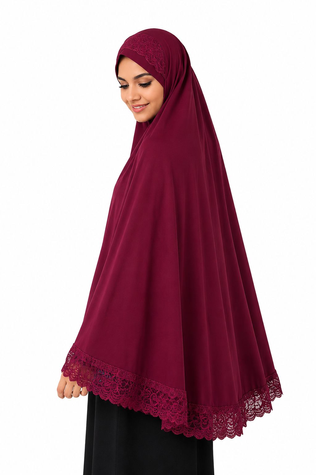 Ayeza Hijab Premium Burgundy Lace Prayer Khimar for Women | One Piece Full Coverage Namaz Hijab | Soft Breathable Islamic Salah Head Cover