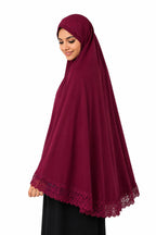 Ayeza Hijab Premium Burgundy Lace Prayer Khimar for Women | One Piece Full Coverage Namaz Hijab | Soft Breathable Islamic Salah Head Cover