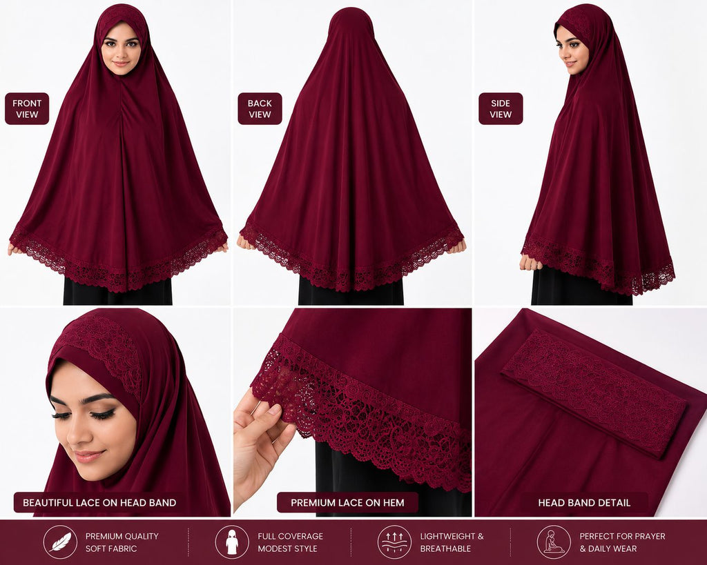 Ayeza Hijab Premium Burgundy Lace Prayer Khimar for Women | One Piece Full Coverage Namaz Hijab | Soft Breathable Islamic Salah Head Cover