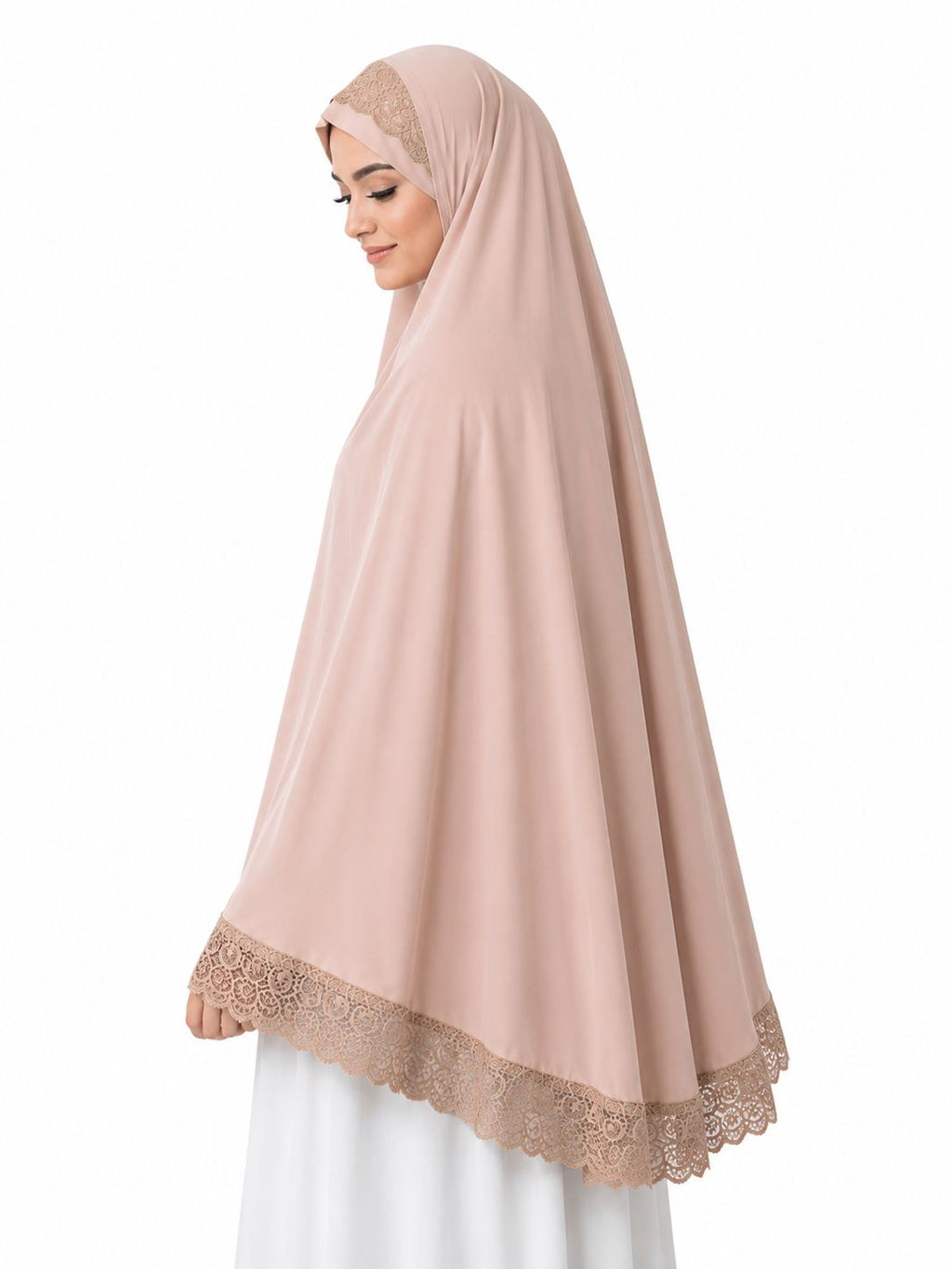 Premium Peach Lace Border Khimar for Women – Free Size Modest Hijab Prayer Wear