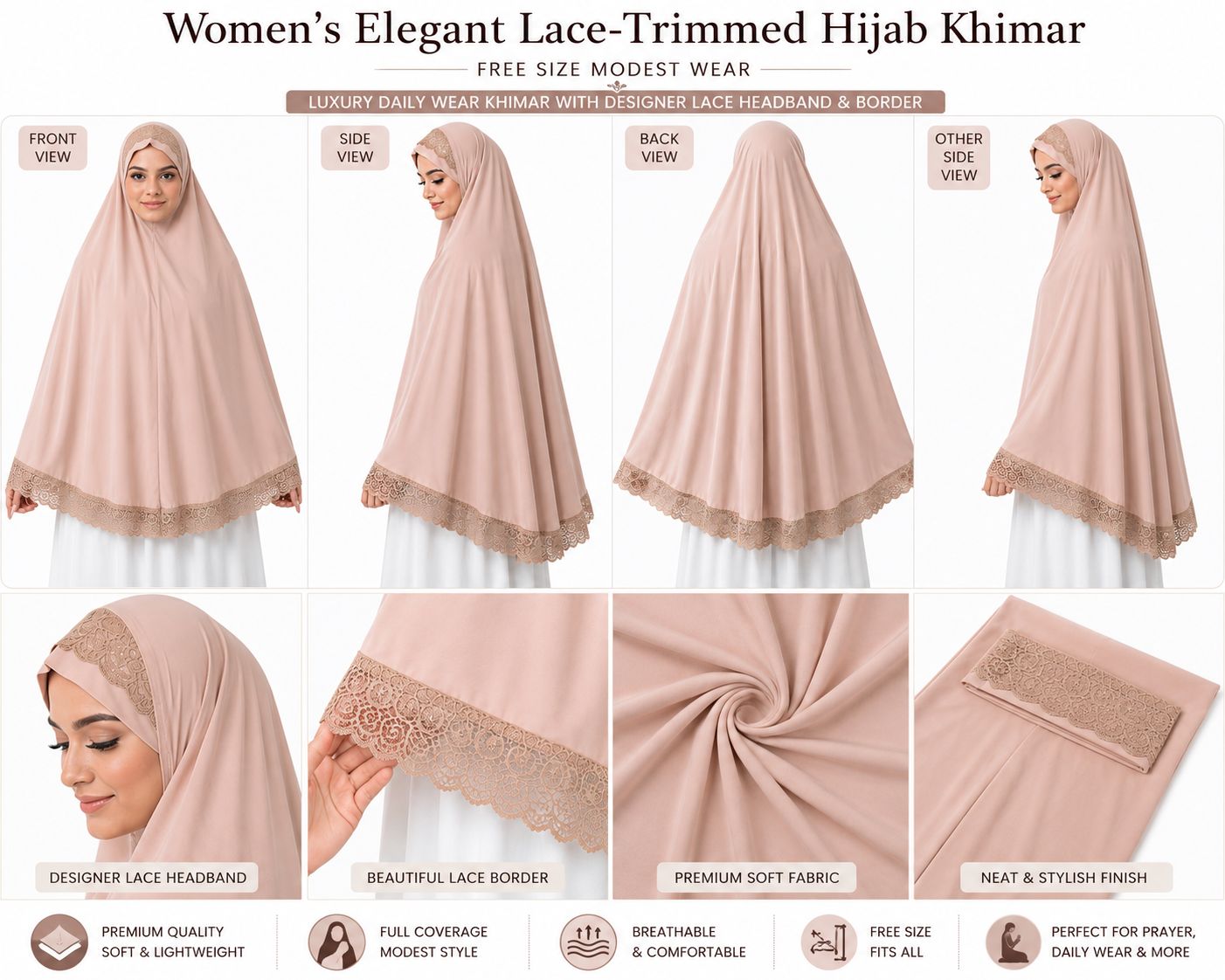 Premium Peach Lace Border Khimar for Women – Free Size Modest Hijab Prayer Wear
