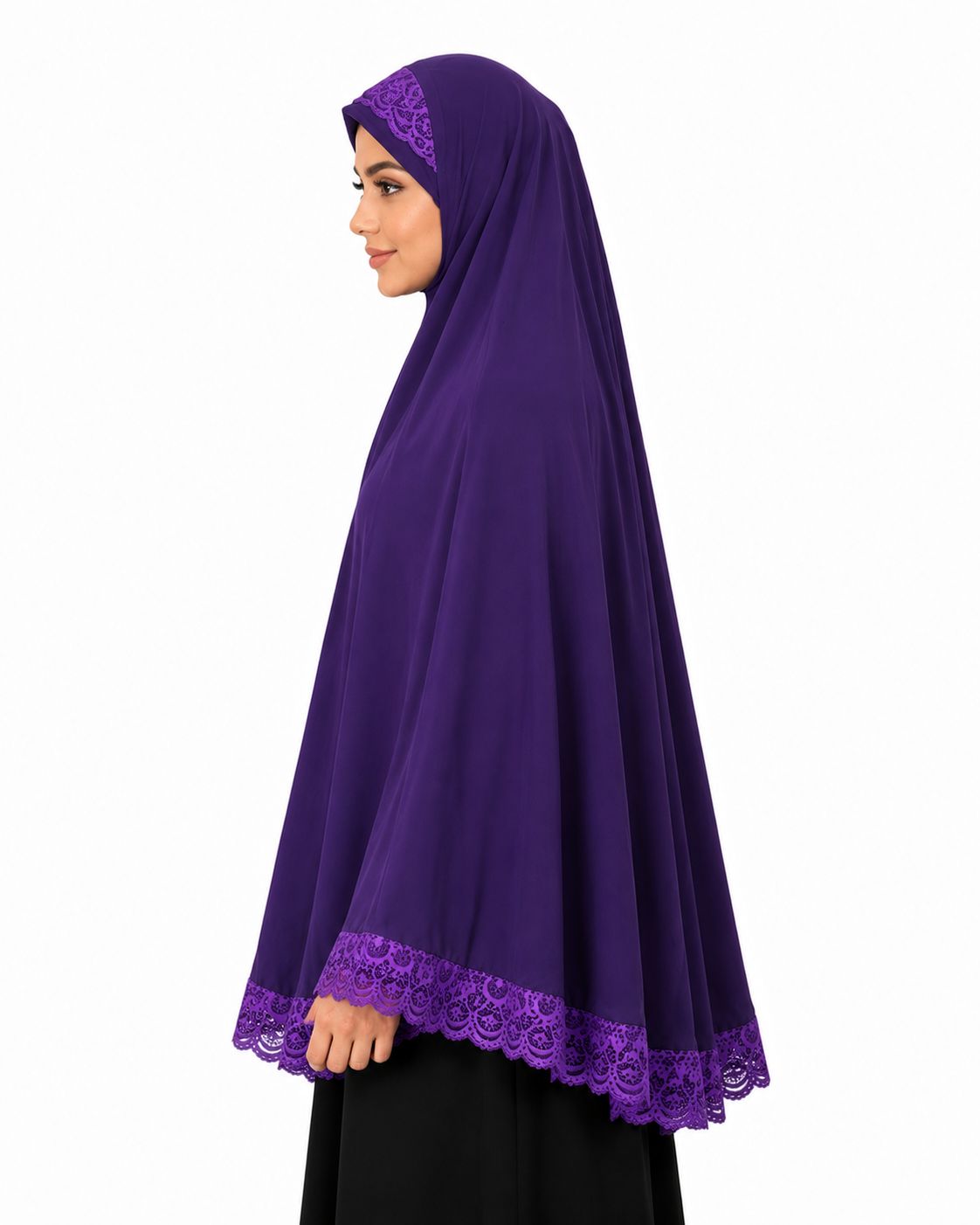 Premium Premium Lycra Khimar with Scalloped Lace Border – Full Coverage Ready-to-Wear Hijab (Deep Purple)