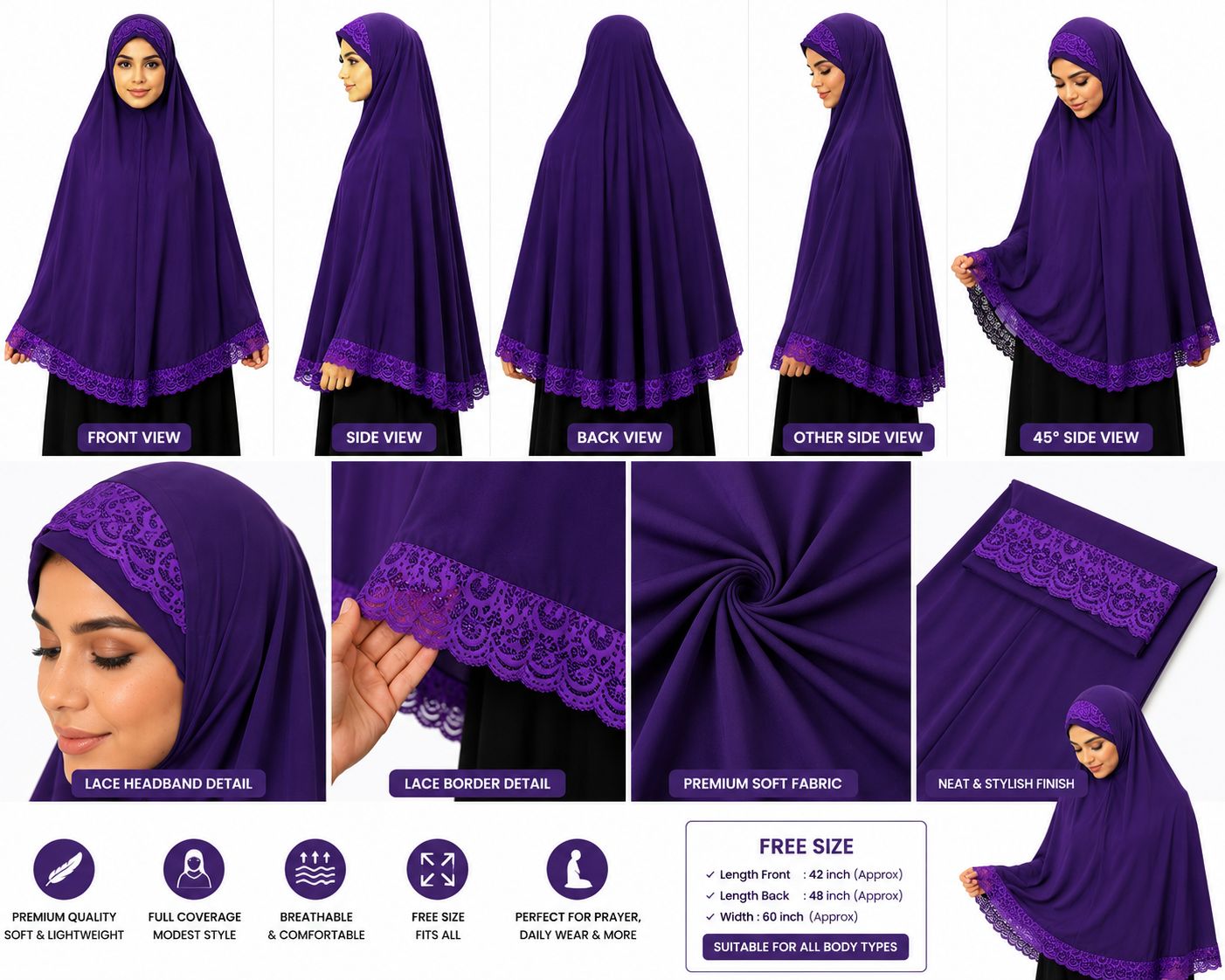 Premium Premium Lycra Khimar with Scalloped Lace Border – Full Coverage Ready-to-Wear Hijab (Deep Purple)