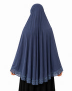Women’s Premium Steel Blue Lace-Trimmed Hijab Khimar | Free Size Modest Prayer Wear