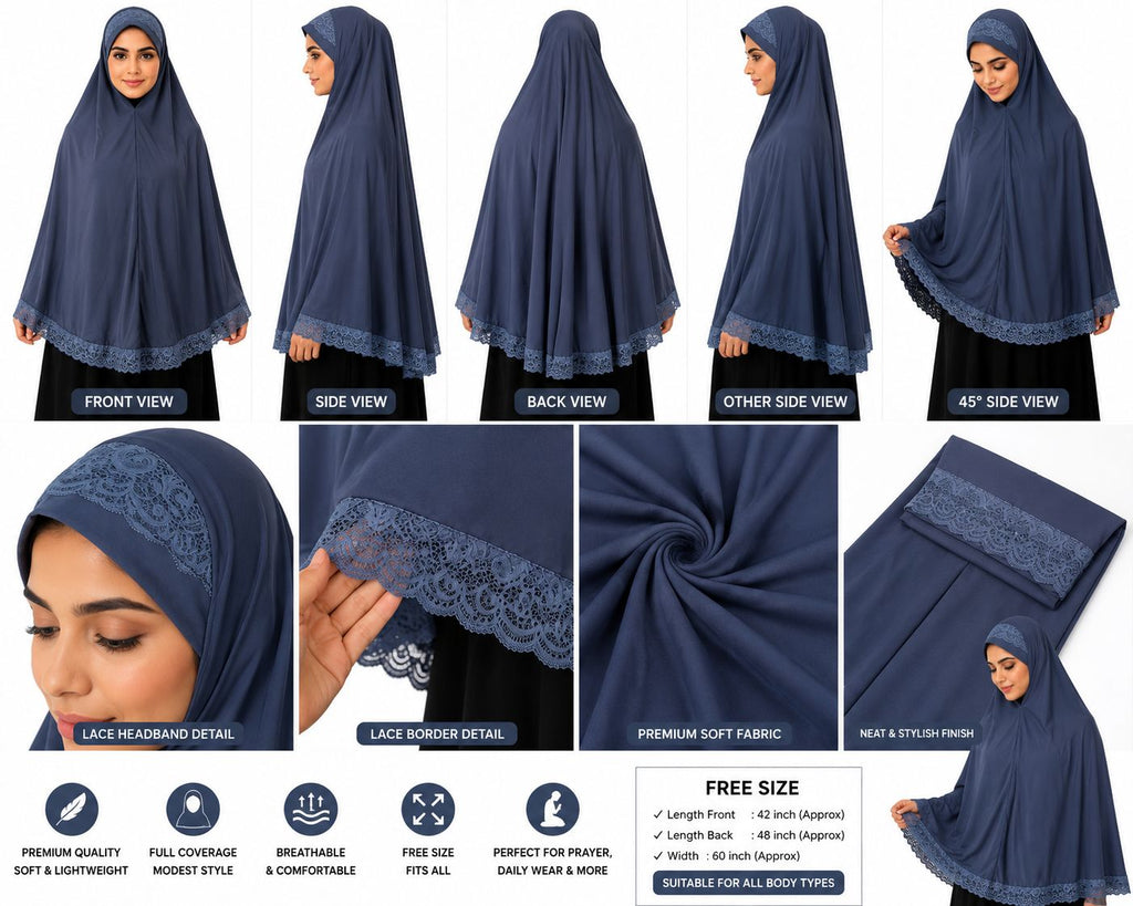 Women’s Premium Steel Blue Lace-Trimmed Hijab Khimar | Free Size Modest Prayer Wear