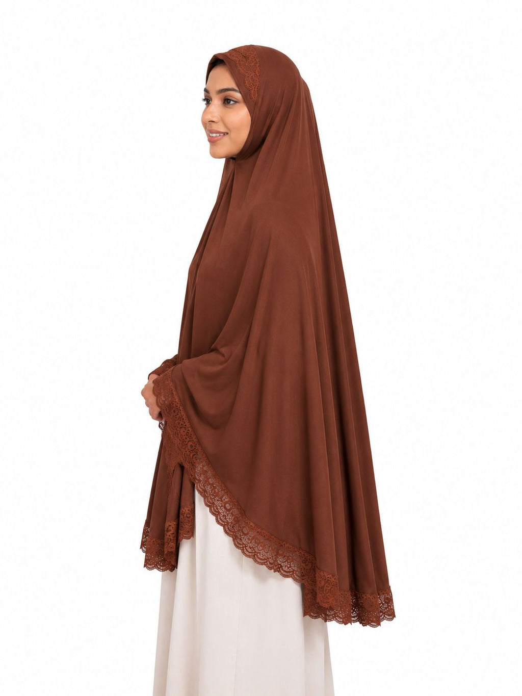 Premium Lace Border Instant Khimar Hijab for Women | Soft Flowing Prayer Khimar | Full Coverage Islamic Hijab | Elegant Modest Wear | Brown