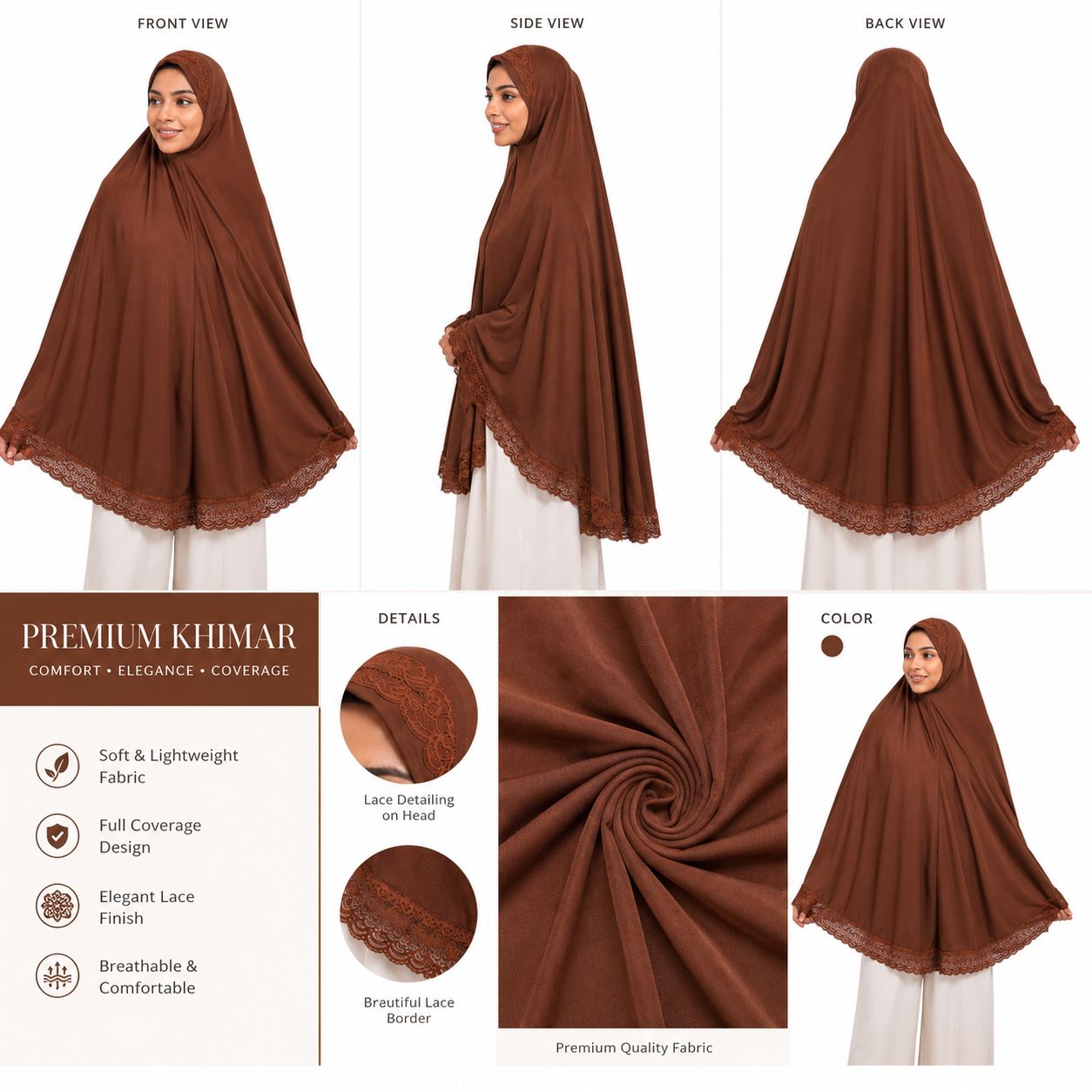 Premium Lace Border Instant Khimar Hijab for Women | Soft Flowing Prayer Khimar | Full Coverage Islamic Hijab | Elegant Modest Wear | Brown