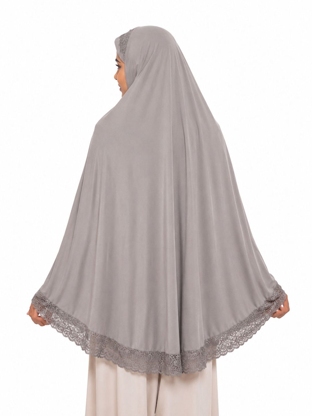Premium Crochet Lace Khimar Hijab for Women | Instant Full Coverage Prayer Khimar | Soft Georgette Modest Islamic Hijab | Lightweight Elegant Muslim Head Cover | Grey