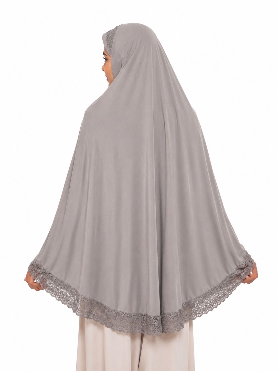 Premium Crochet Lace Khimar Hijab for Women | Instant Full Coverage Prayer Khimar | Soft Georgette Modest Islamic Hijab | Lightweight Elegant Muslim Head Cover | Grey