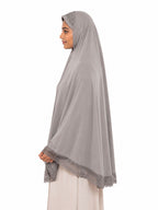 Premium Crochet Lace Khimar Hijab for Women | Instant Full Coverage Prayer Khimar | Soft Georgette Modest Islamic Hijab | Lightweight Elegant Muslim Head Cover | Grey