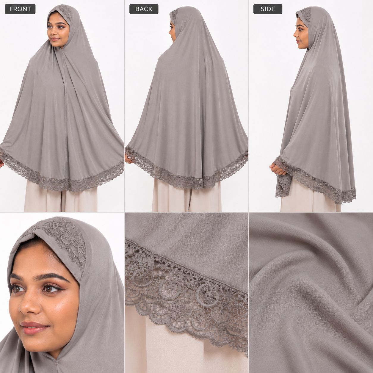 Premium Crochet Lace Khimar Hijab for Women | Instant Full Coverage Prayer Khimar | Soft Georgette Modest Islamic Hijab | Lightweight Elegant Muslim Head Cover | Grey