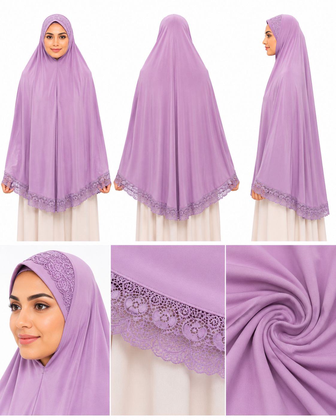 Premium Crochet Lace Khimar Hijab for Women | Instant Prayer Khimar | Soft Georgette Full Coverage Islamic Hijab | Lightweight Modest Wear | Lavender Pink