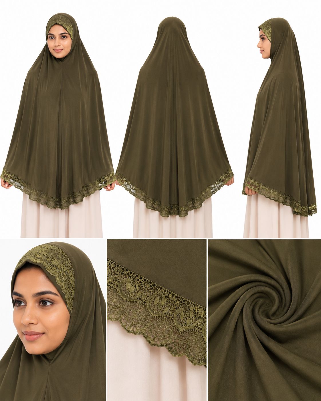 Premium Olive Green Crochet Lace Khimar Hijab for Women