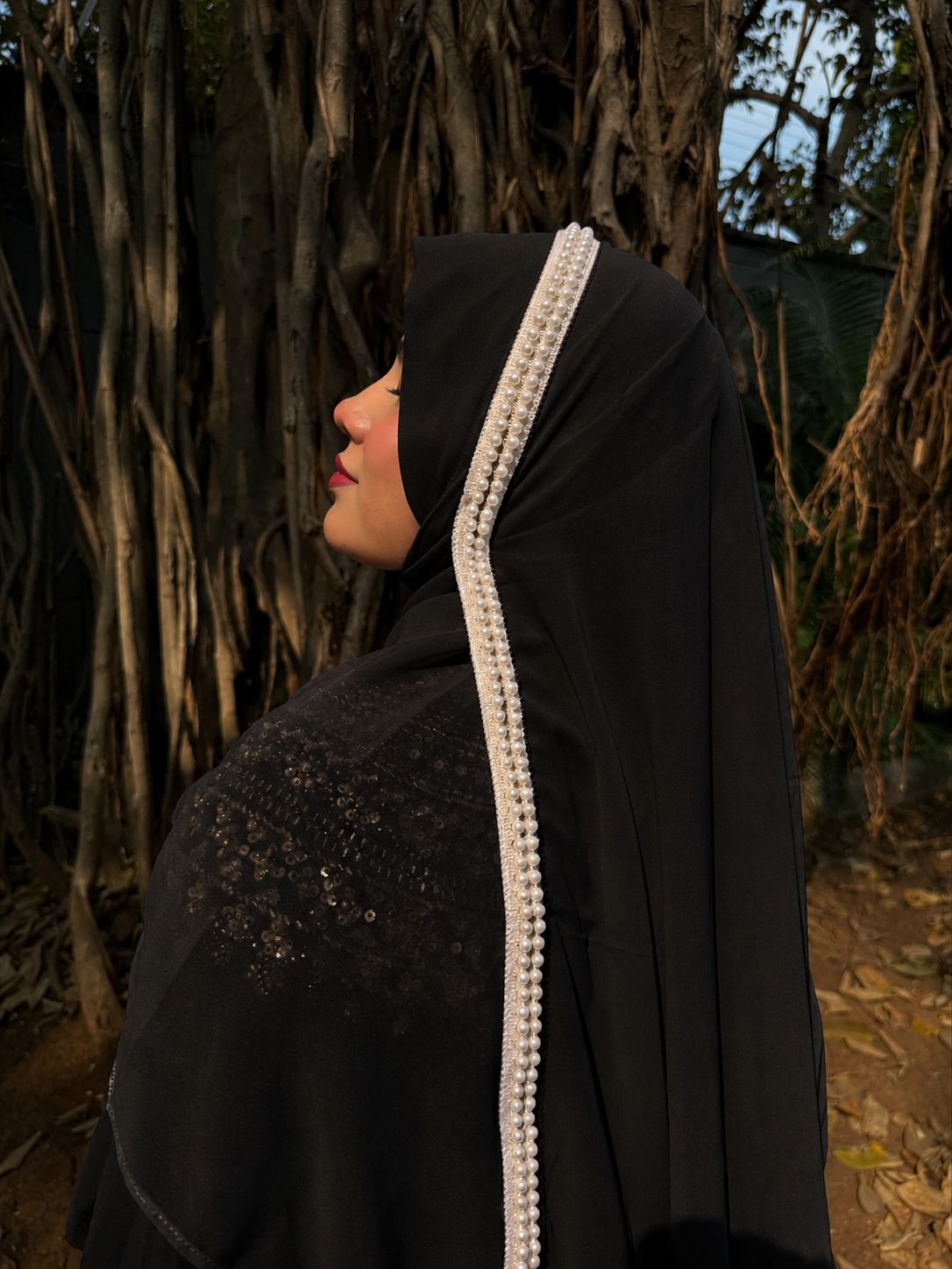 Premium Black Lace Handwork Hijab