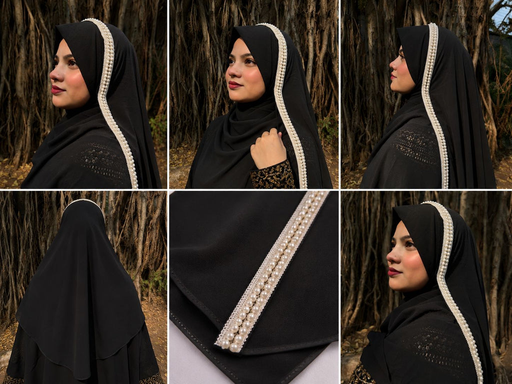 Premium Black Lace Handwork Hijab