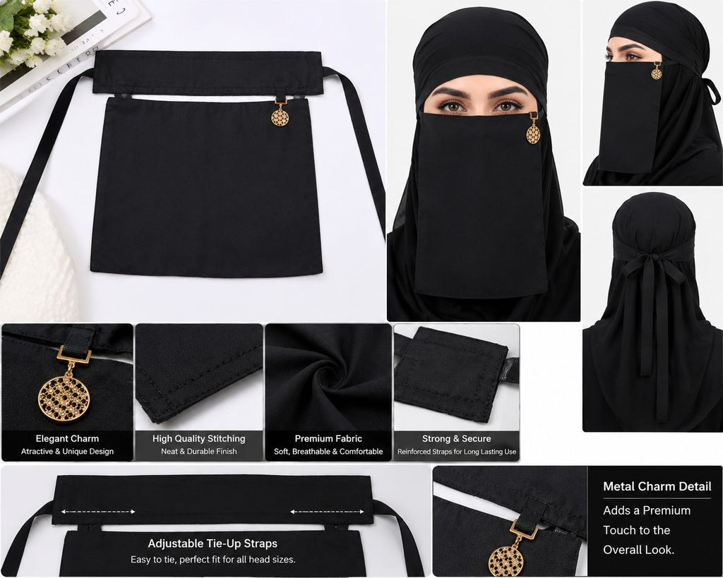 Saudi Style Black Niqab Nose Piece with Elegant Gold Round Pendant Charm