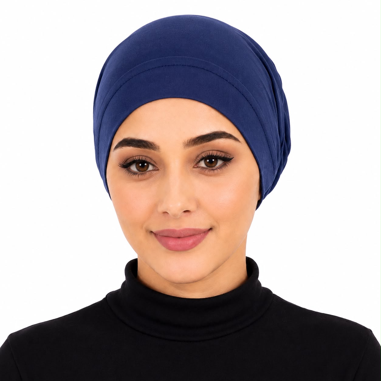 Premium Chiffon Inner Hijab Cap / Front-View Navy Blue Slip-On Under-Scarf