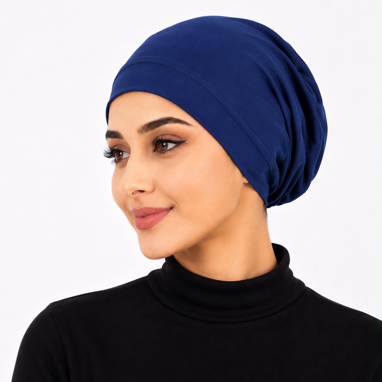 Premium Chiffon Inner Hijab Cap / Front-View Navy Blue Slip-On Under-Scarf