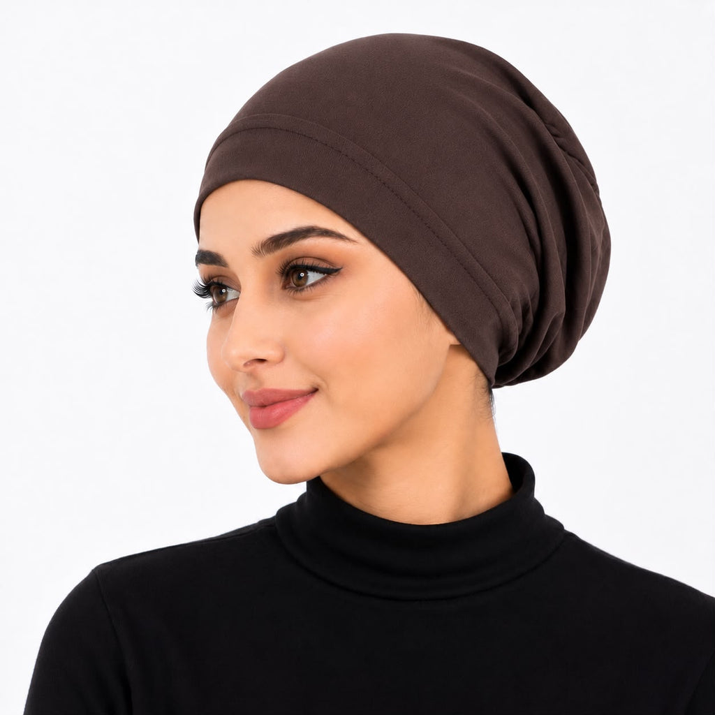 Premium Chiffon Inner Hijab Cap / Downward-Gaze Coffee Brown Slip-On Under-Scarf