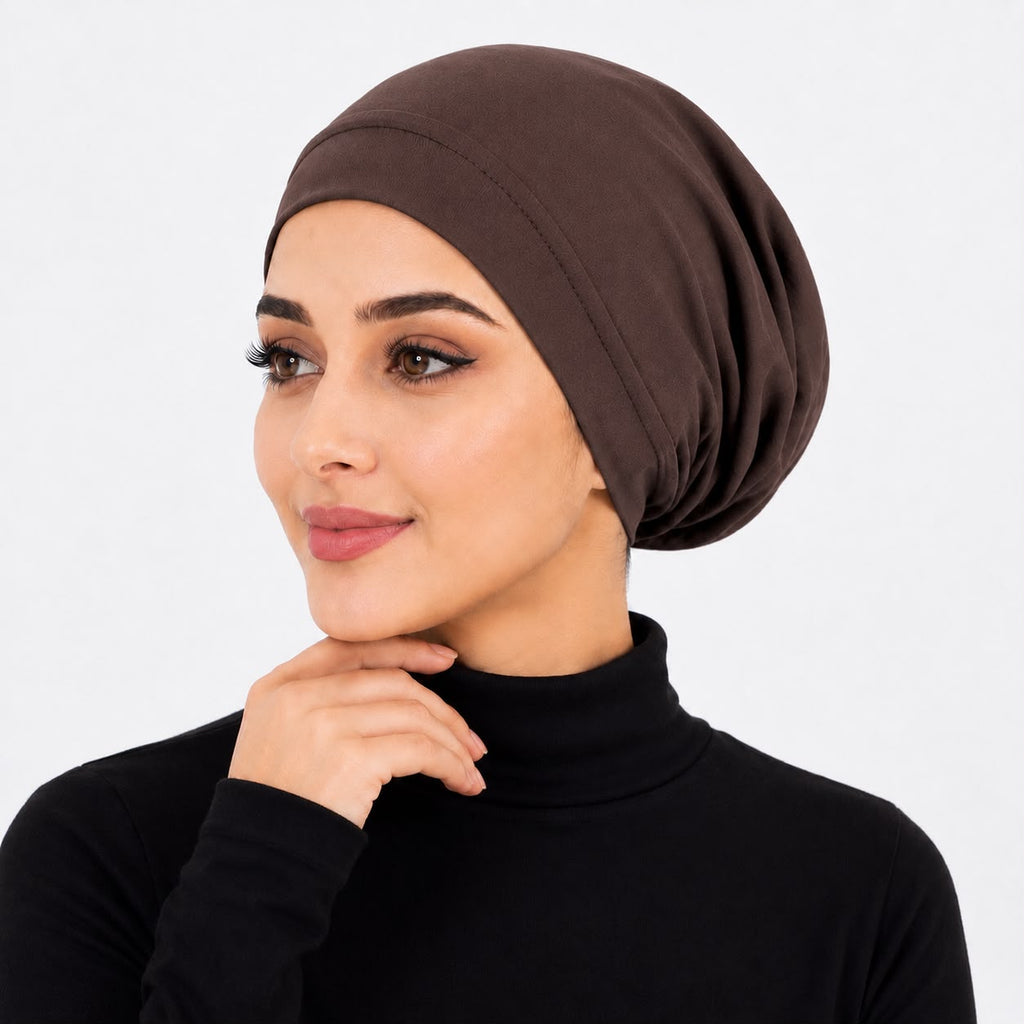 Premium Chiffon Inner Hijab Cap / Downward-Gaze Coffee Brown Slip-On Under-Scarf