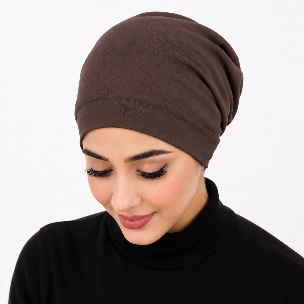 Premium Chiffon Inner Hijab Cap / Downward-Gaze Coffee Brown Slip-On Under-Scarf