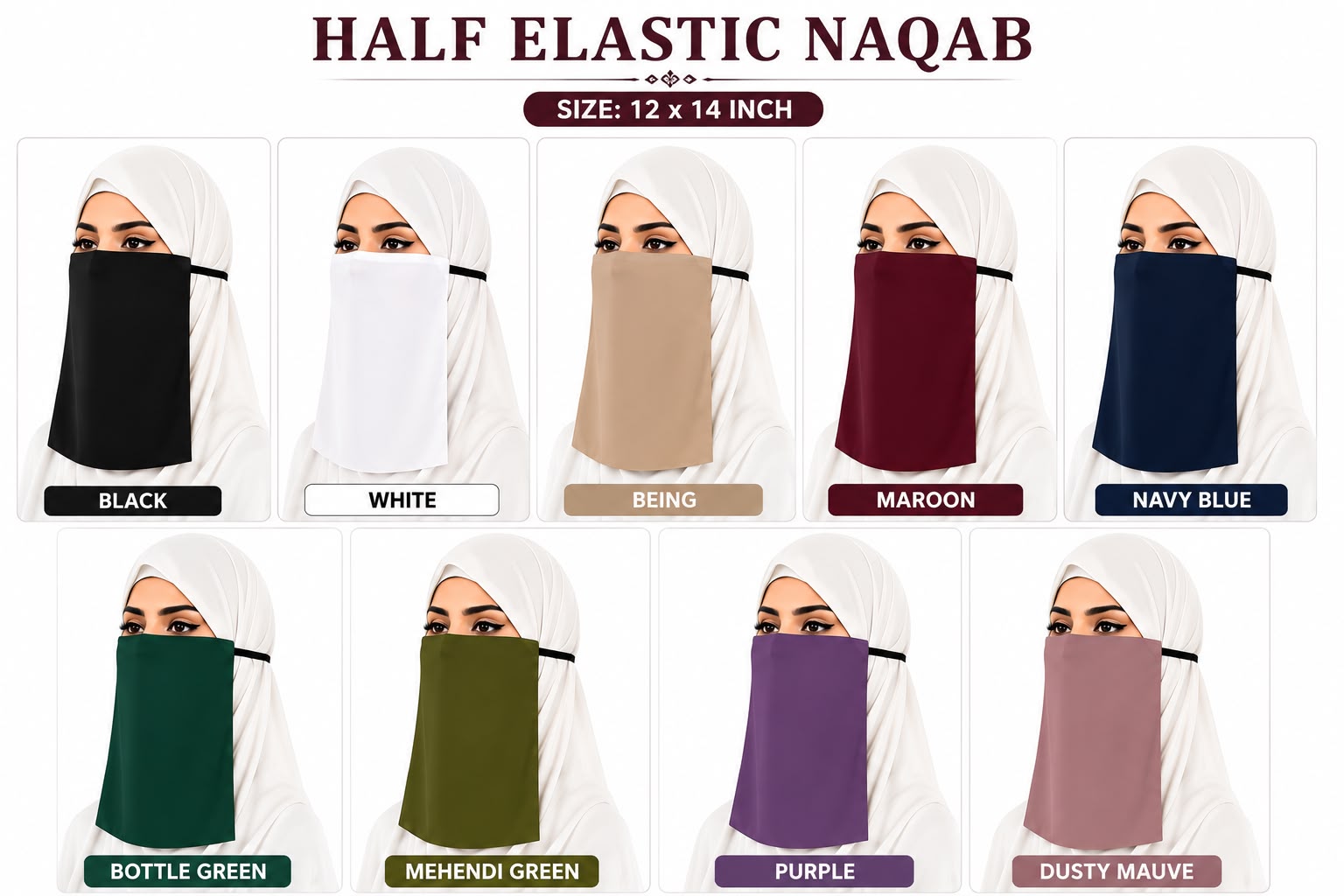Plain Georgette Chiffon Half Naqab with Elastic – Square Shape, 12 x 14 Inch (Pack of 9 8Multicolored Assortment)