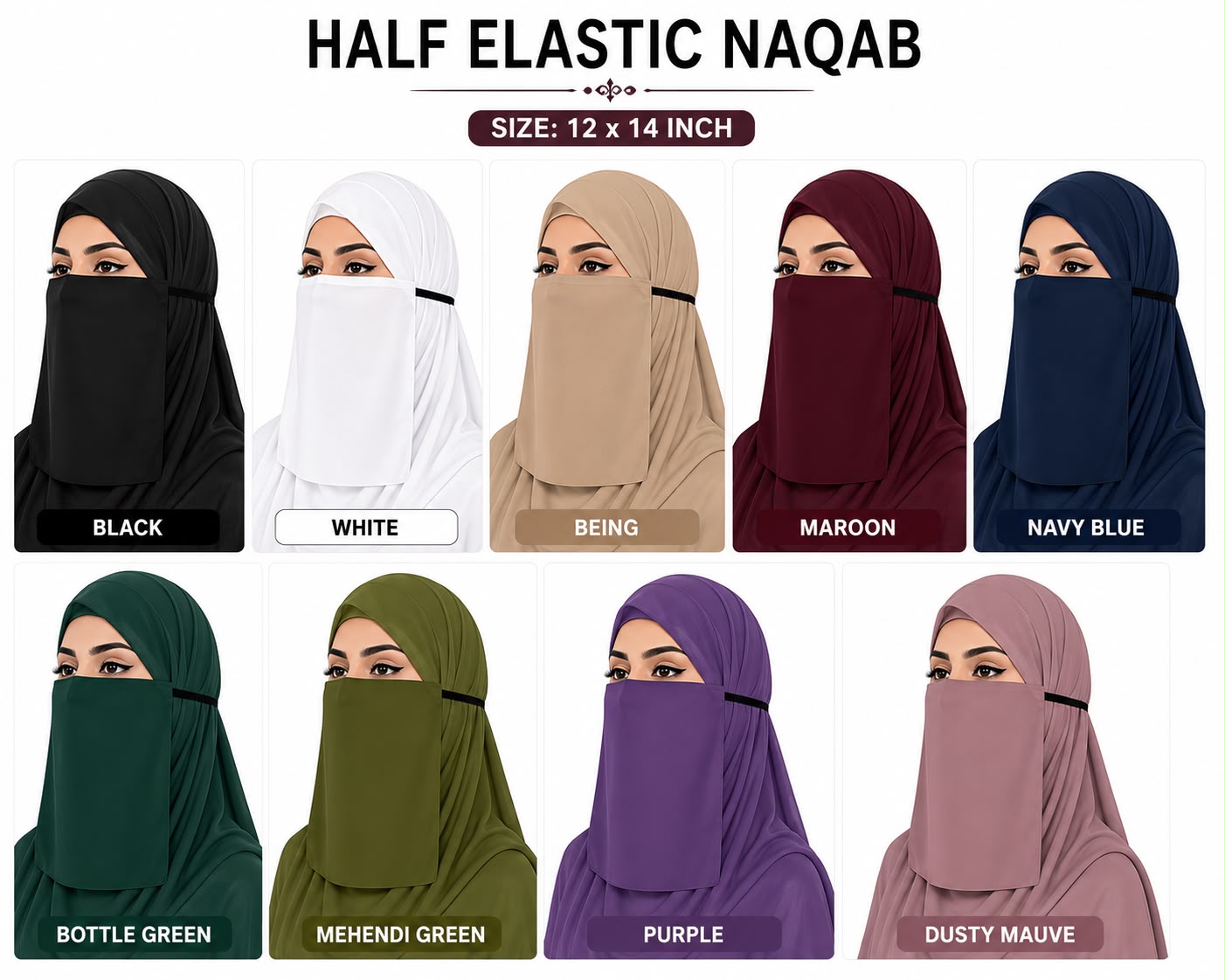 Plain Georgette Chiffon Half Naqab with Elastic – Square Shape, 12 x 14 Inch (Pack of 9 8Multicolored Assortment)
