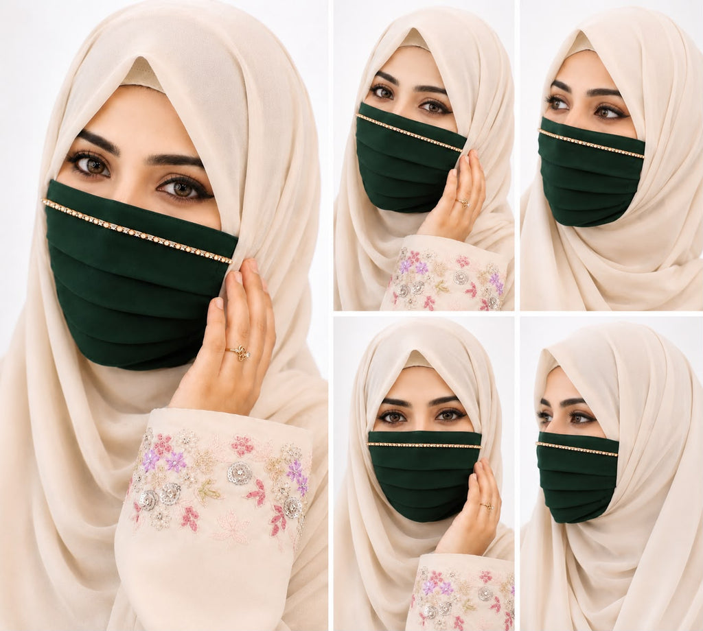 Premium Bottle Green Handwork Mask | Diamond & Pearl Work | Soft Georgette Fabric | Elegant Islamic Face Mask | Reusable & Comfortable