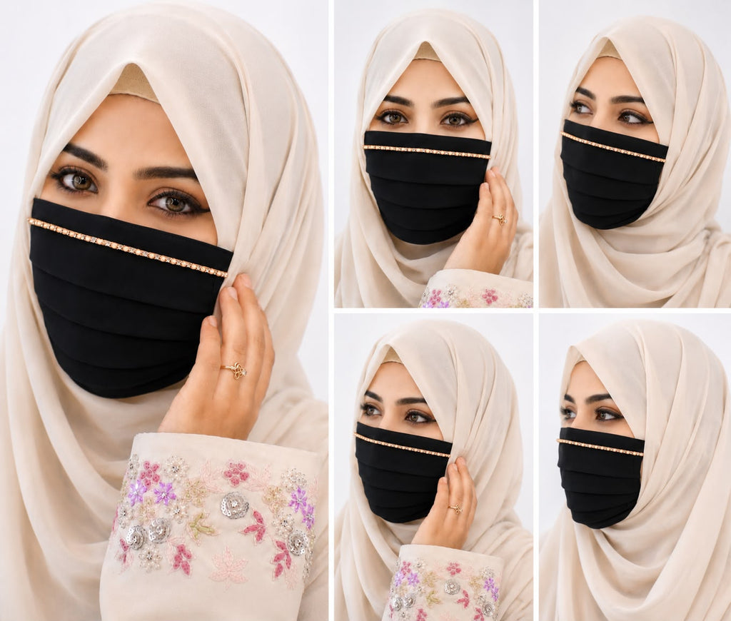 Premium black Handwork Mask | Diamond & Pearl Work | Soft Georgette Fabric | Elegant Islamic Face Mask | Reusable & Comfortable