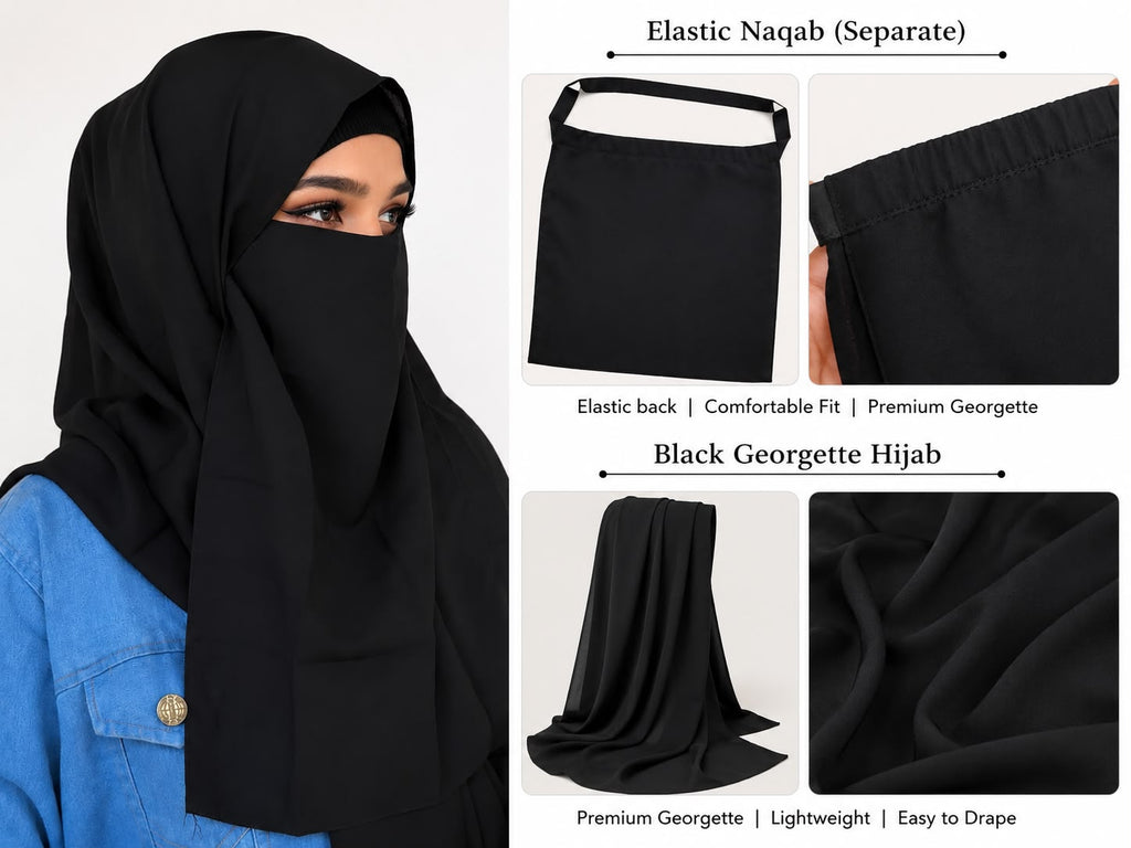 Premium Black Georgette Hijab with Separate Elastic Naqab | Lightweight Modest Wear | Soft & Breathable