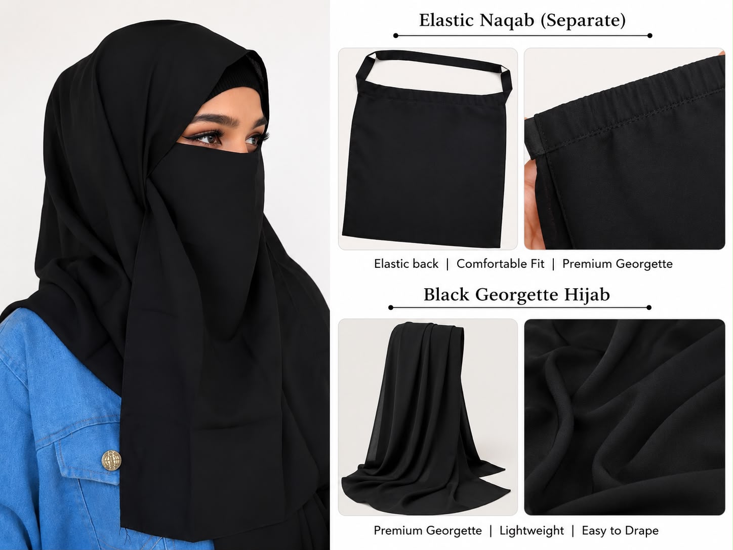 Premium Black Georgette Hijab with Separate Elastic Naqab | Lightweight Modest Wear | Soft & Breathable