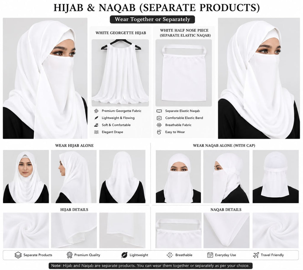 Product Description – White Georgette Hijab with White Half Nose Piece