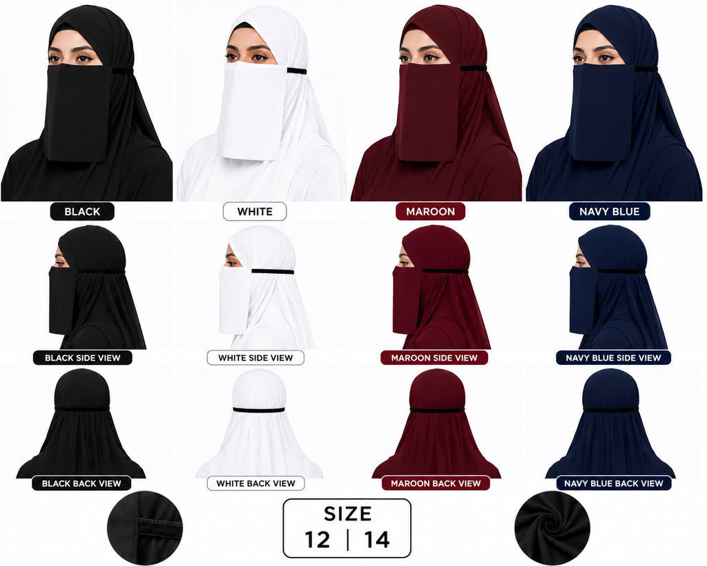 Classic Half Elastic Georgette Face Naqab – 12×14 ( black,white,maroon,blue )
