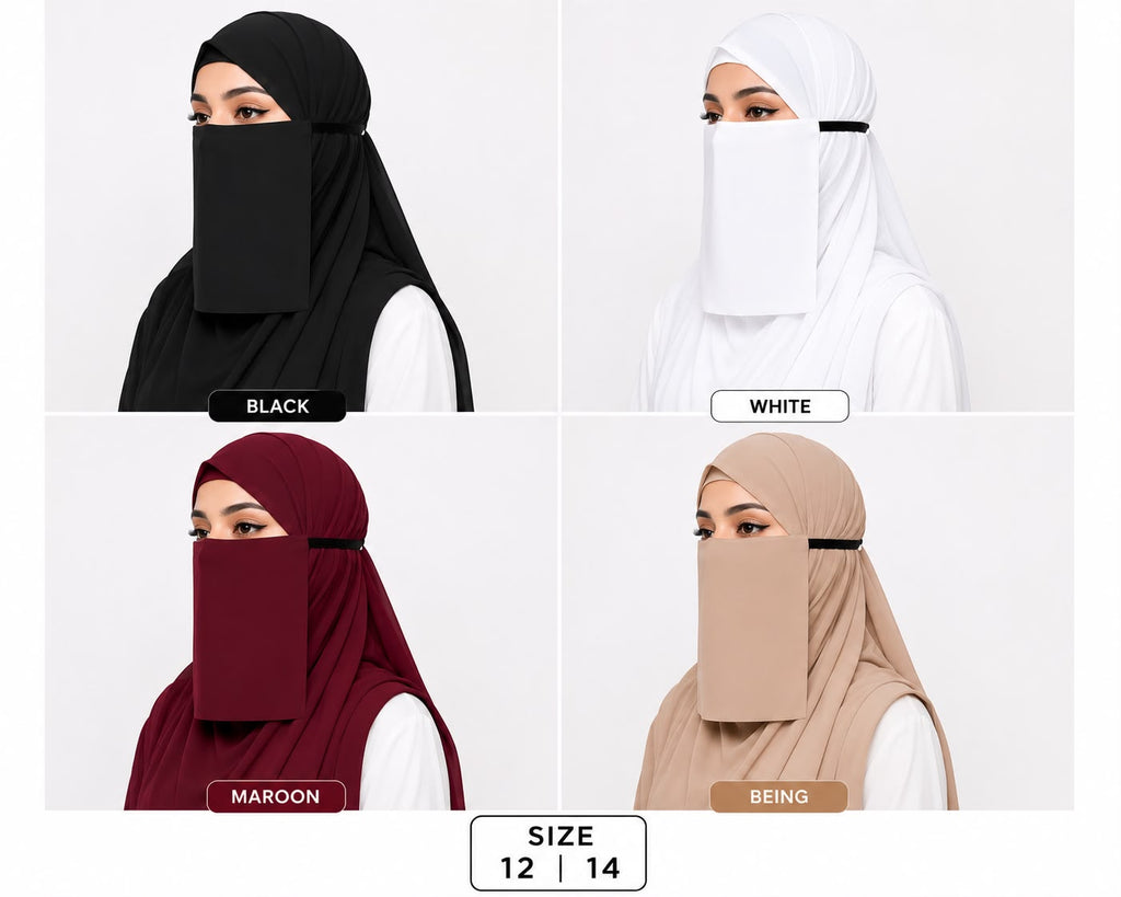 Premium Plain Georgette Half Elastic Naqab for Women | Lightweight & Breathable | Full Coverage Face Veil | Size 12 & 14 | Black, White, Maroon & Beige