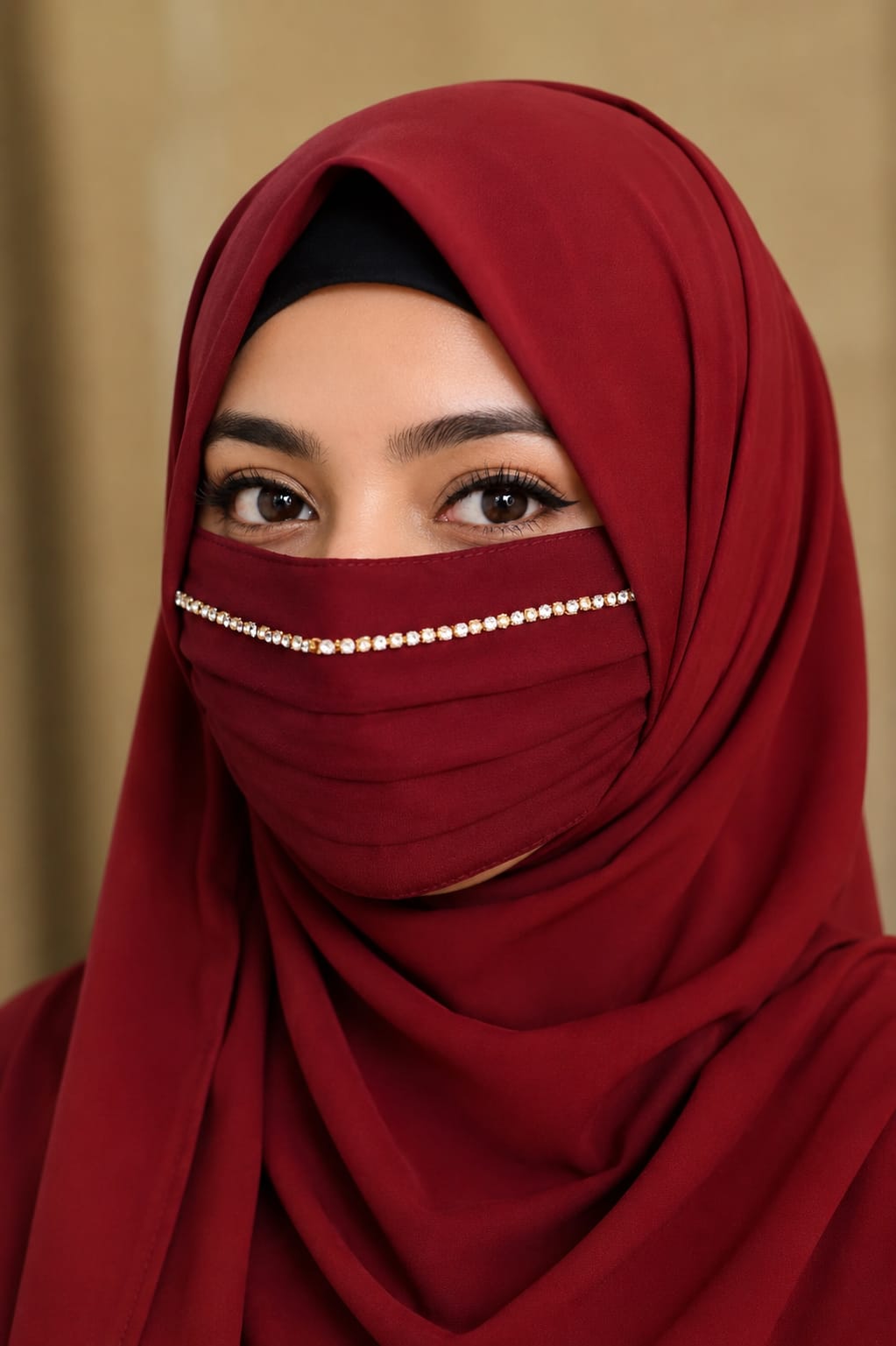 Regal Pleated Face Veil Mask with Stone Border - Maroon