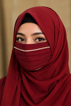 Regal Pleated Face Veil Mask with Stone Border - Maroon