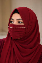 Regal Pleated Face Veil Mask with Stone Border - Maroon