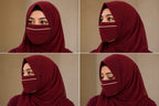Regal Pleated Face Veil Mask with Stone Border - Maroon