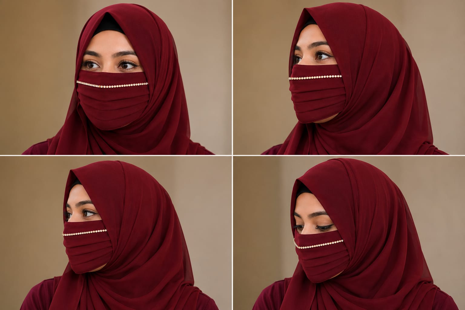 Regal Pleated Face Veil Mask with Stone Border - Maroon