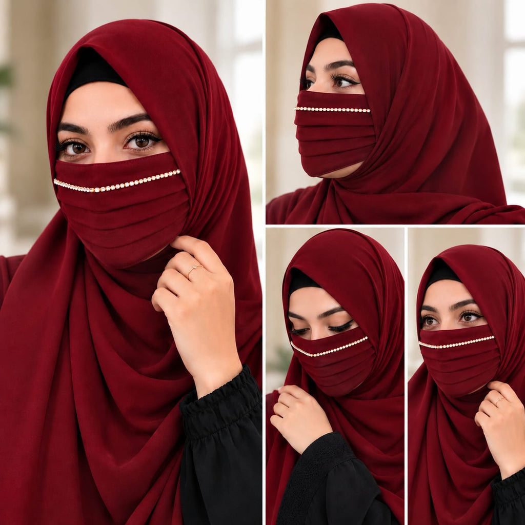 Regal Pleated Face Veil Mask with Stone Border - Maroon