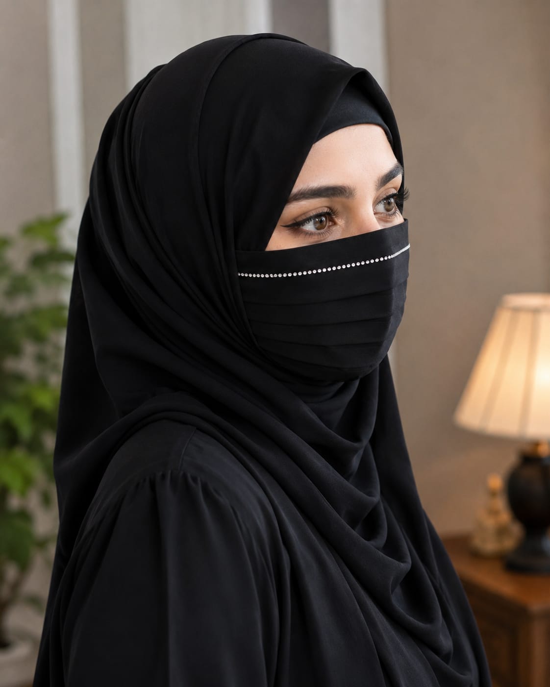 Elegant Chiffon Pleated Niqab Mask with Rhinestone Border