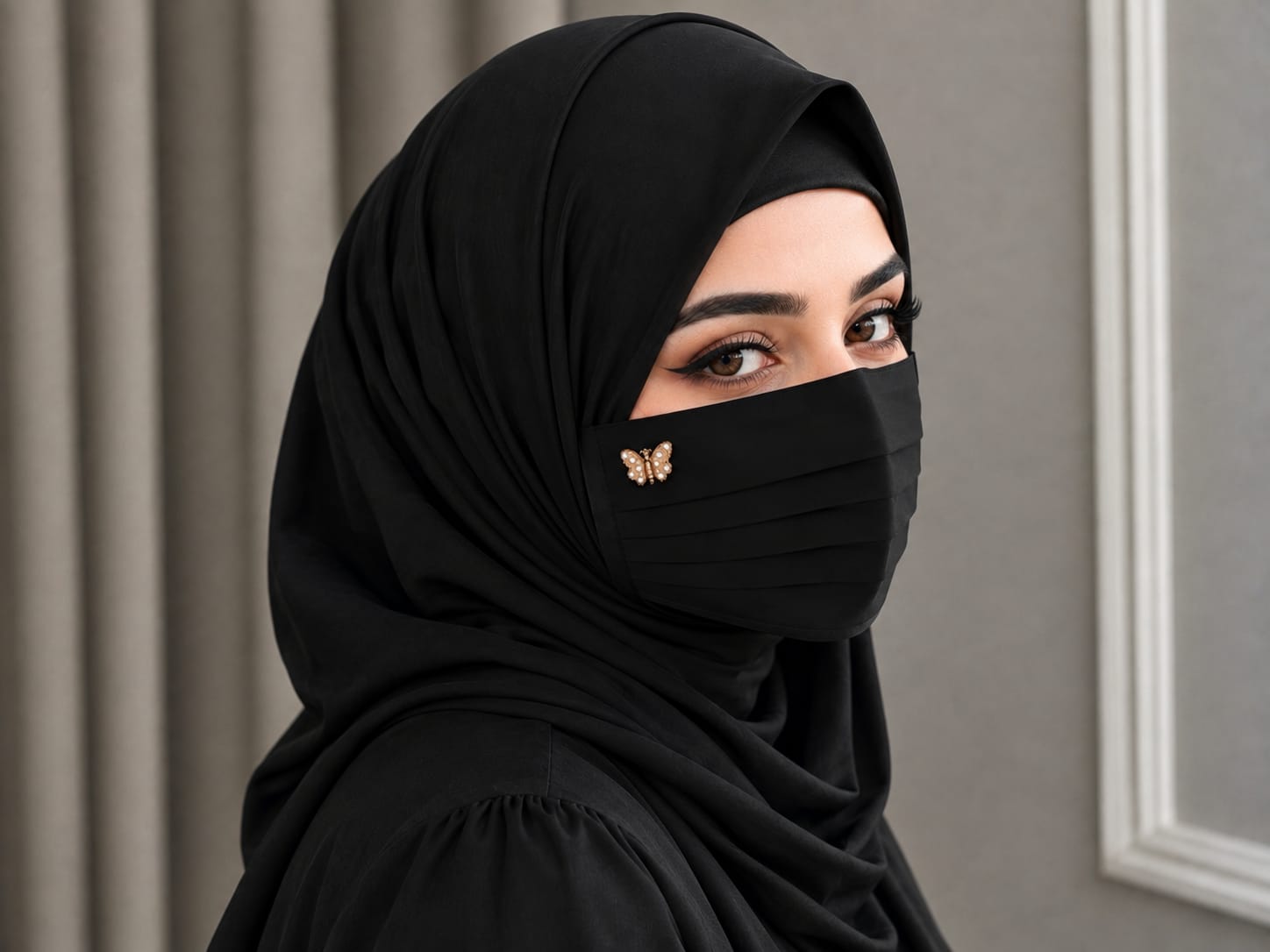 Elegant Chiffon Pleated Niqab Mask with Butterfly Brooch